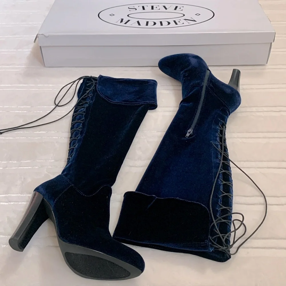Steve Madden Over the Knee Corset Style Royal Blue Velvet High Heel Boots